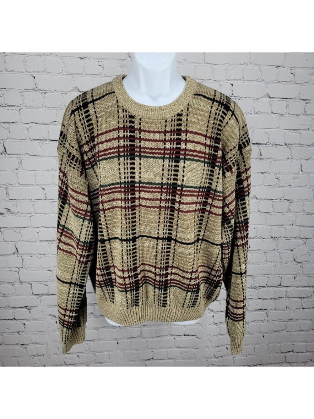 VTG Windridge Tan Multicolor Knit Check Crew Neck Pullover Sweater Korea XL